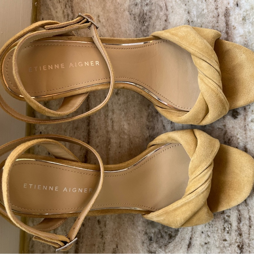 Yellow Honey Suede Leather MARTANA Etienne Aigner Ankle Wrap Heeled Sandals Sz 9 - Picture 2 of 9